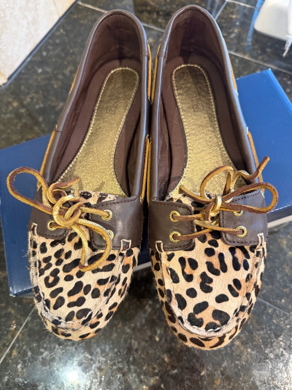 Sperry Leopard Print Pony Hair Moccasins with Brown Trim - Picture 2 of 5